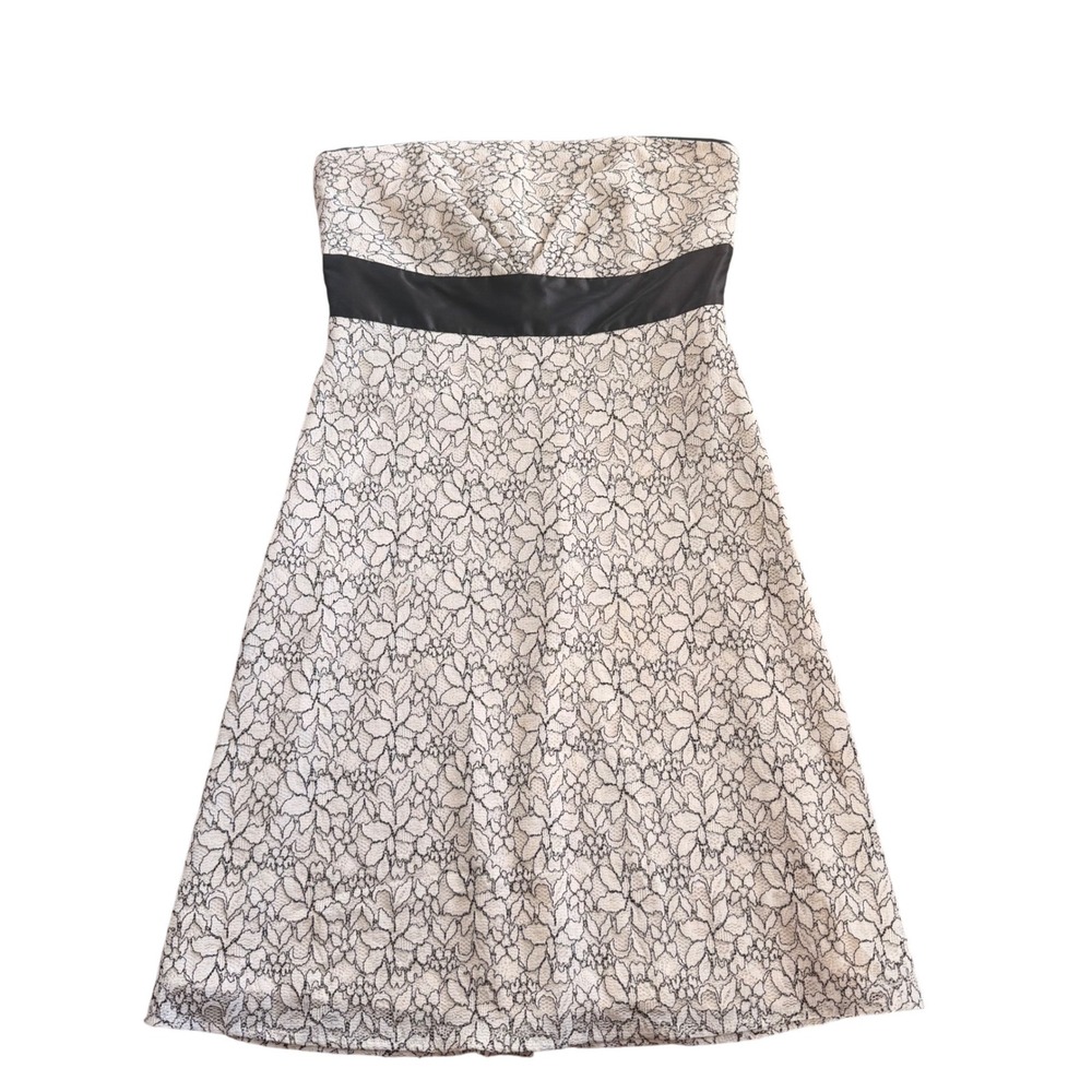 WHBM Vintage Strapless Lace Empire Waist Cocktail Dress Ivory Black Size 6‎